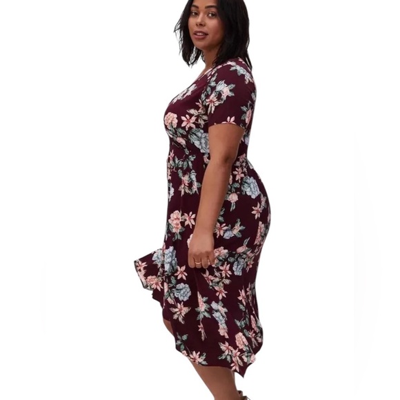Torrid Burgundy and Pink Floral Challis Midi Shirt Dress Size 1 - Picture 3 of 11